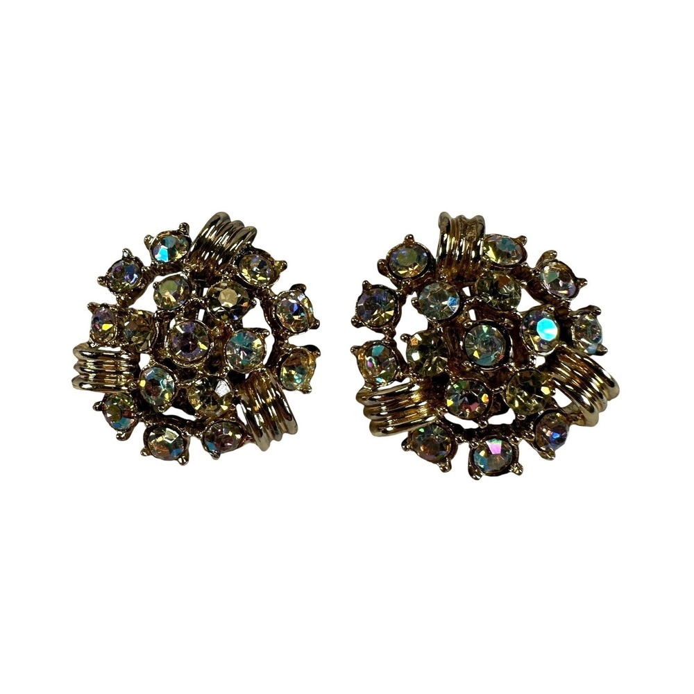 Vintage Gold Tone Aurora Borealis AB Rhinestone Cluster Clip On Earrings Round